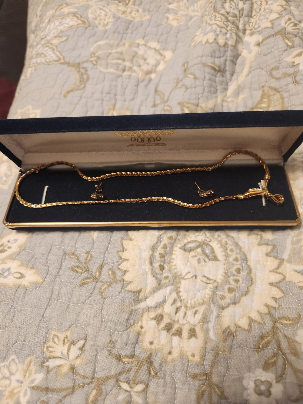 Gold Tone Rope Chain Necklace with Garnet Pendant, Earrings